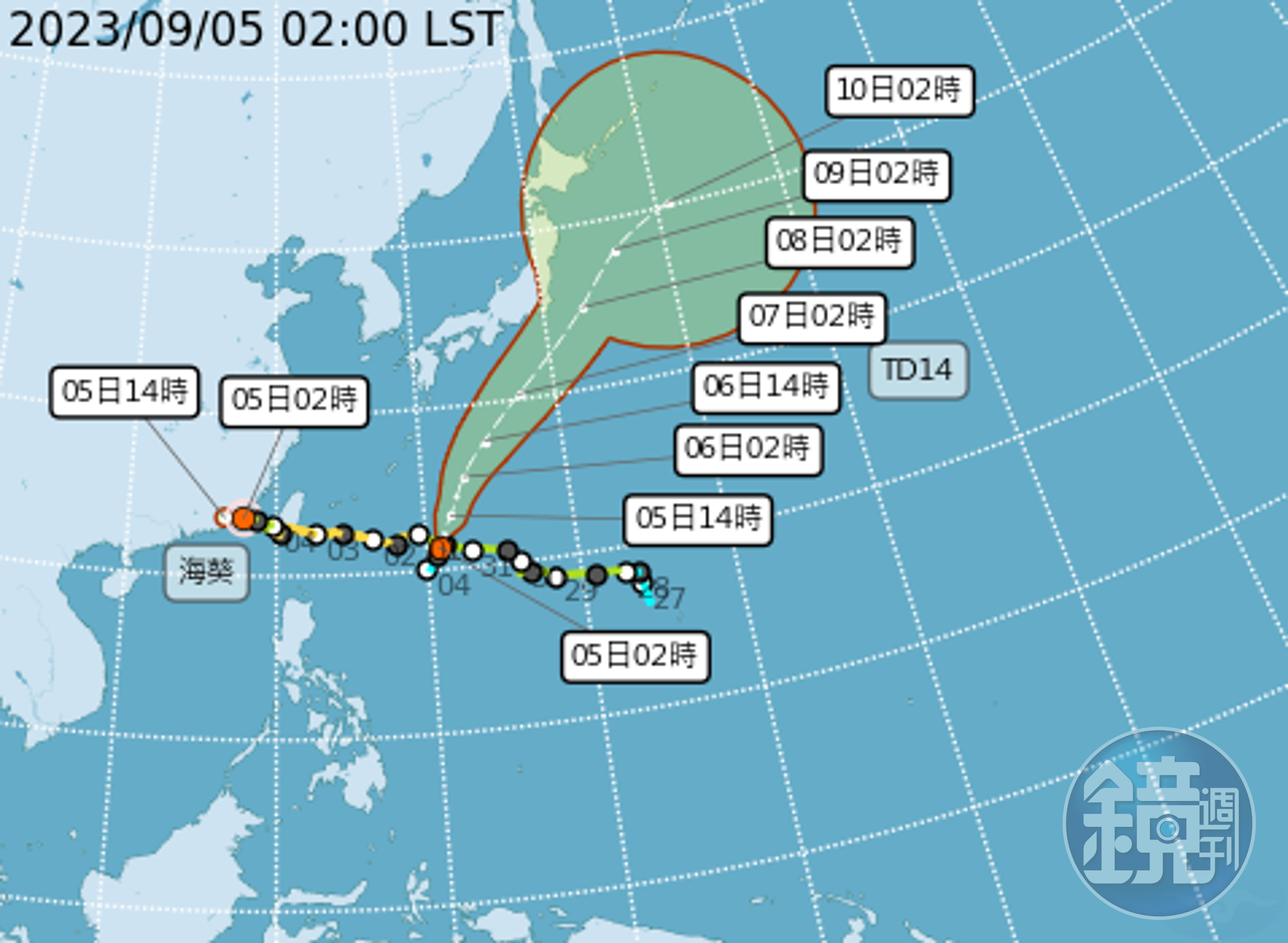太平洋地區有一個熱帶性低氣壓TD14。（中央氣象局提供）