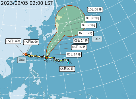 太平洋地區有一個熱帶性低氣壓TD14。（中央氣象局提供）