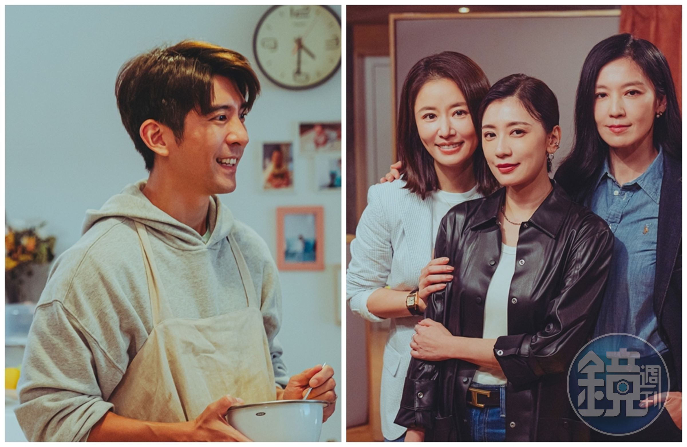 修杰楷（左圖）首次擔任《此時此刻》製作人，為戲不惜跟老婆賈靜雯（右圖中）殺價。睽違12年的林熙蕾（下圖右）也將在劇中與林心如共譜唯美情誼。（Netflix提供）