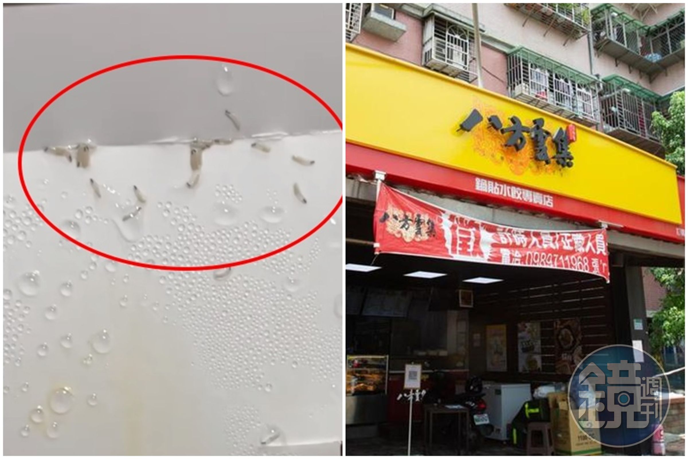 消費者指控八方雲集餐盒上爬蛆(左圖),有食安問題;北市衛生局出面稽查,檢出6項衛生缺失。(左圖翻攝自爆料公社公開版,右圖本刊資料照,非當事店家)