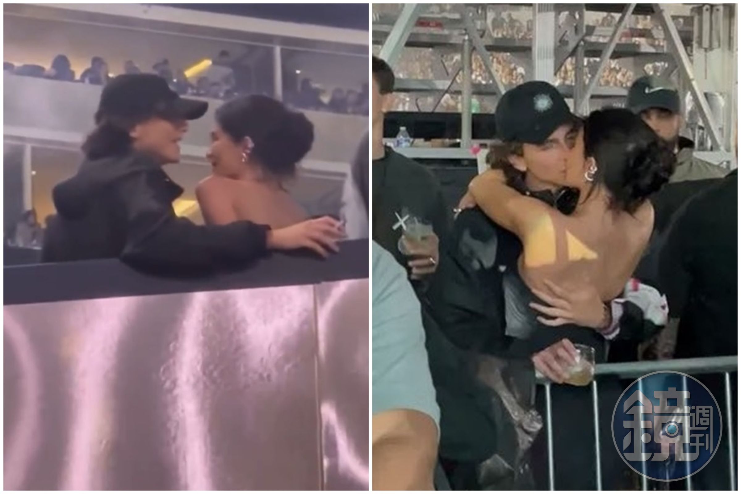提摩西夏勒梅在演唱會上數度激吻凱莉珍娜，且似乎刻意對著狗仔鏡頭放閃。（翻攝自推特）