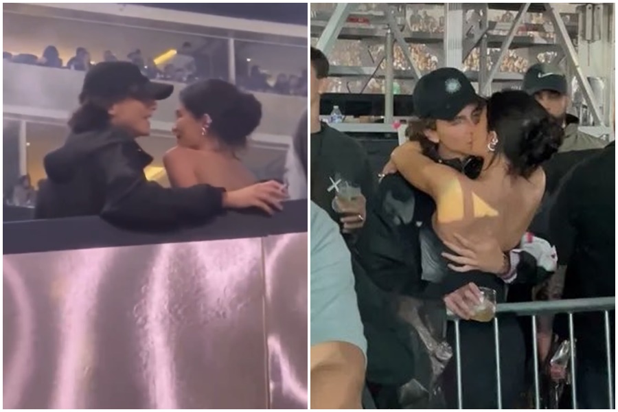 提摩西夏勒梅在演唱會上數度激吻凱莉珍娜，且似乎刻意對著狗仔鏡頭放閃。（翻攝自推特）