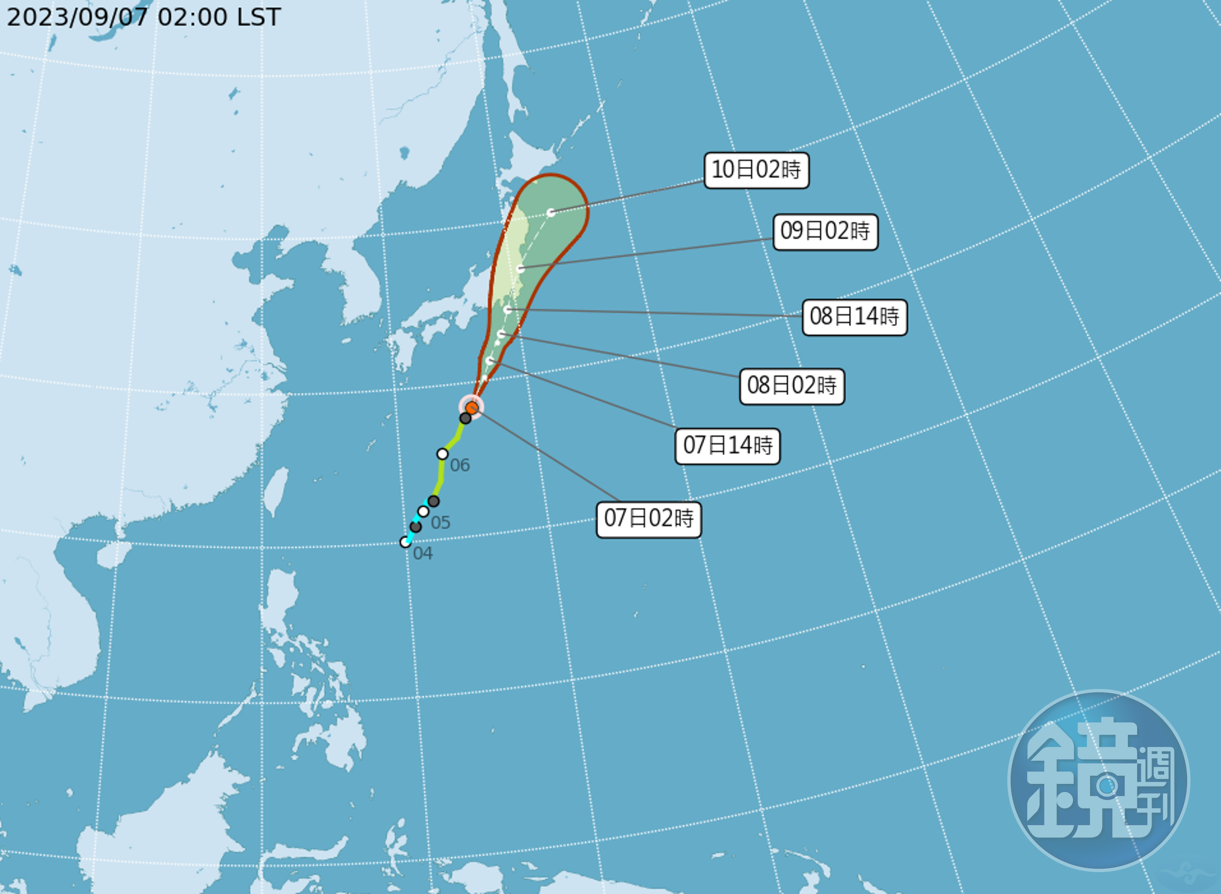 輕颱「鴛鴦」朝日本南方海面前進，對台灣天氣沒有影響。（中央氣象局提供）
