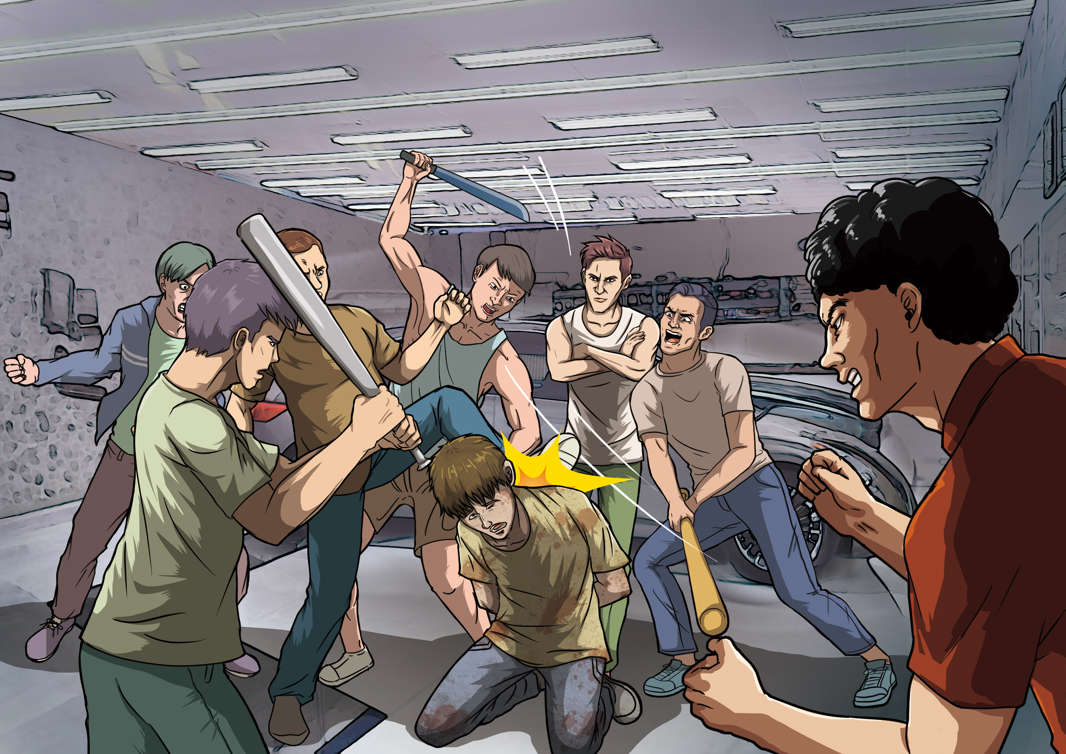 被害男子在洗車場慘遭16人持棍棒凌虐毆打，無論如何求饒，對方都不肯罷手。