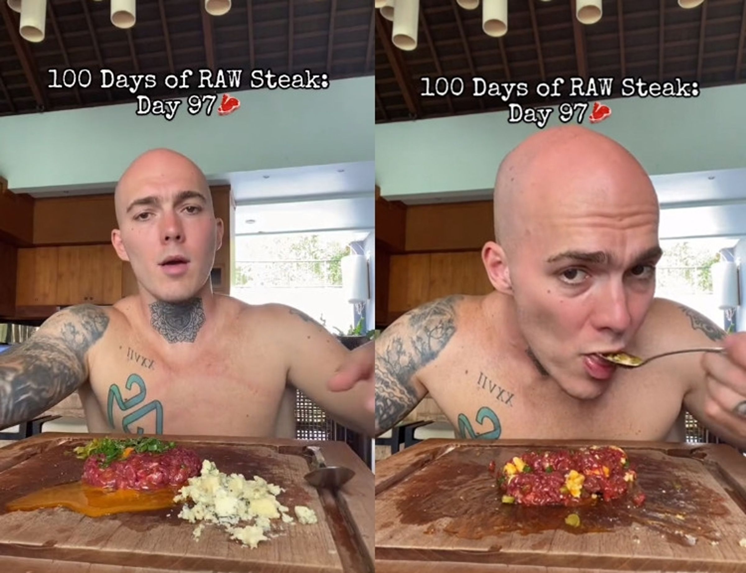 保利在鏡頭前示範吃生牛肉，但相關衛生單位都提醒生食有食物中毒的風險。（翻攝抖音@Paulylong）