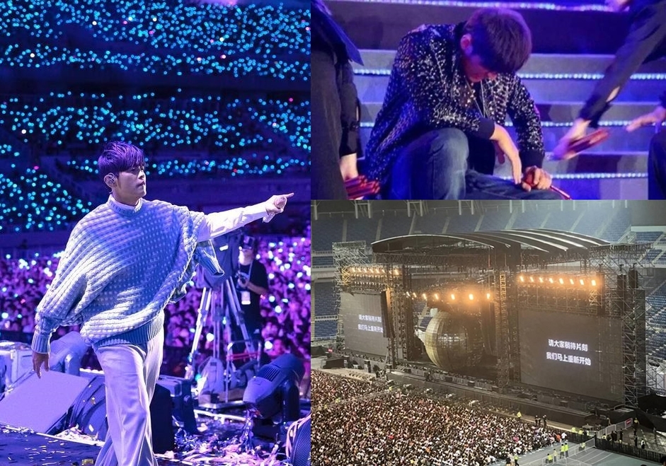 周杰倫天津開唱被爆嘔吐摔倒，經紀公司否認「困旋轉鐵球內20分鐘」。（翻攝IG、微博）