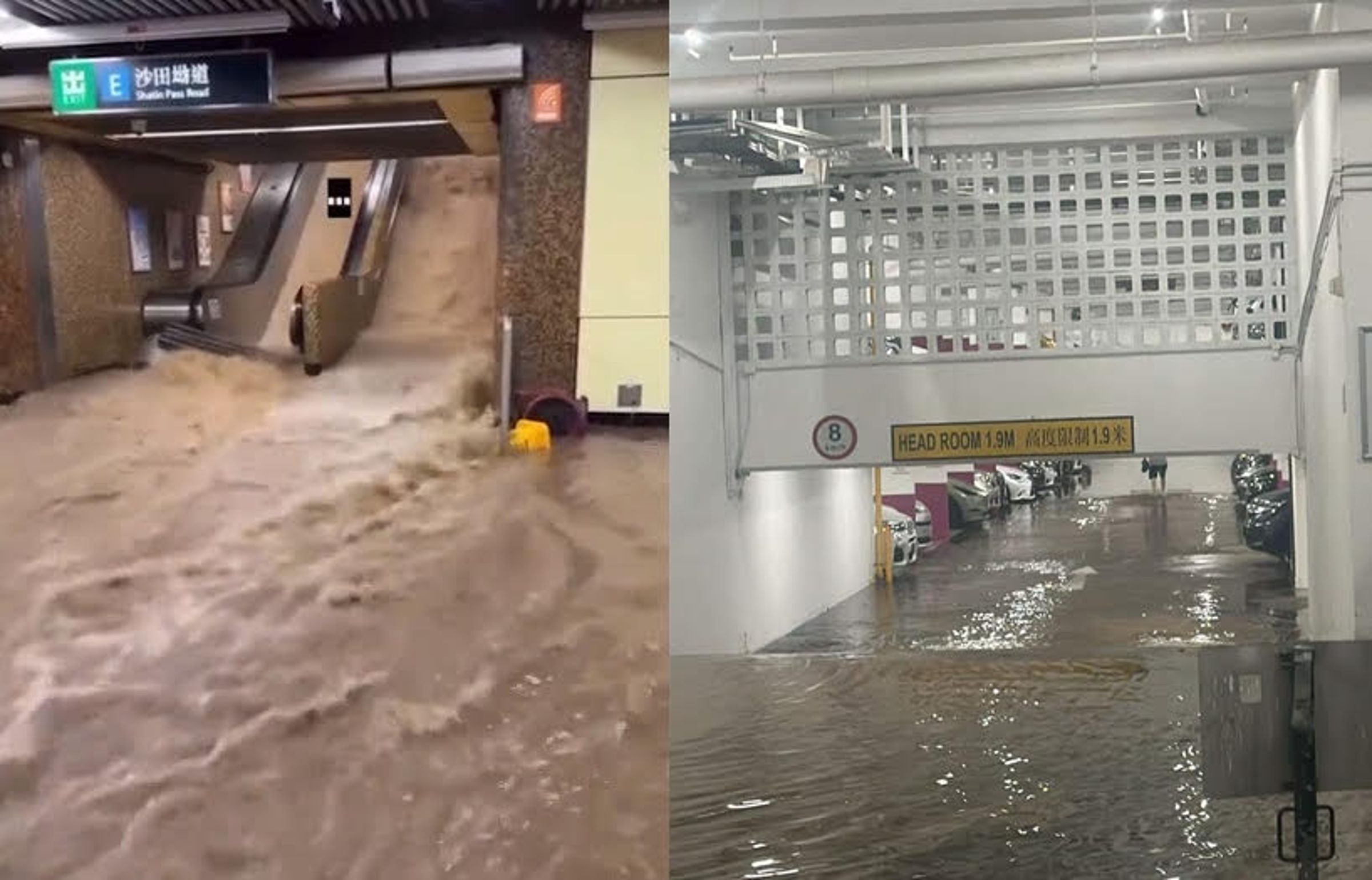 香港地鐵湧入泥水,頓時宛如瀑布,還有洪水淹進地下停車場。(翻攝X@XlnYqVhV8sXTbiK)
