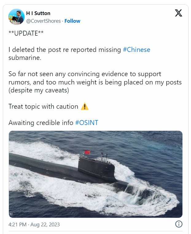 網傳解放軍093型核動力潛艦在台灣海峽水下發生爆炸事故，爆料10天後遭中國國防部否認。（翻攝自X）