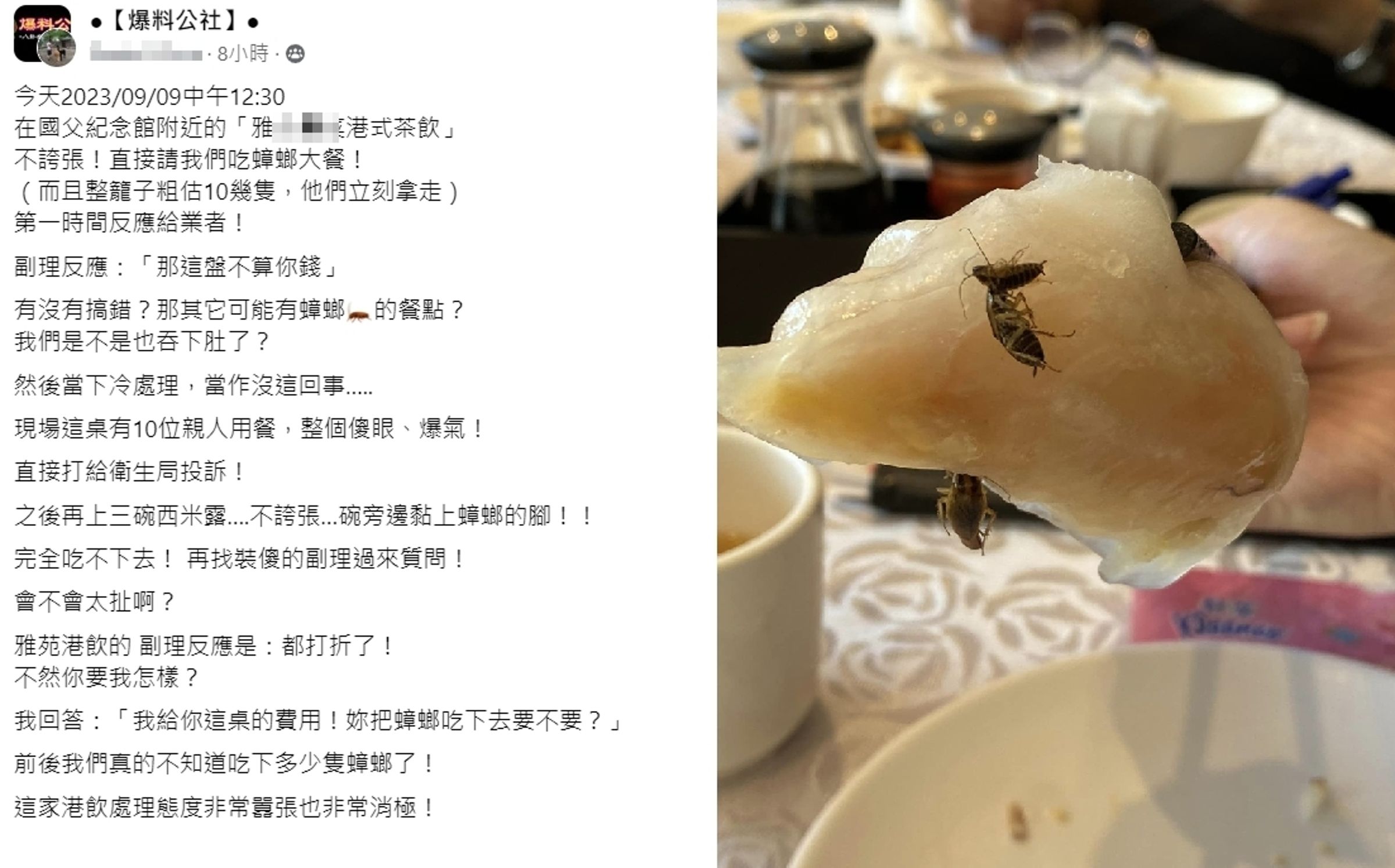 民眾爆料北市一家港飲餐廳的餐點上竟黏有蟑螂,痛批業者處理態度消極,憤而向衛生局投訴。(翻攝自臉書)