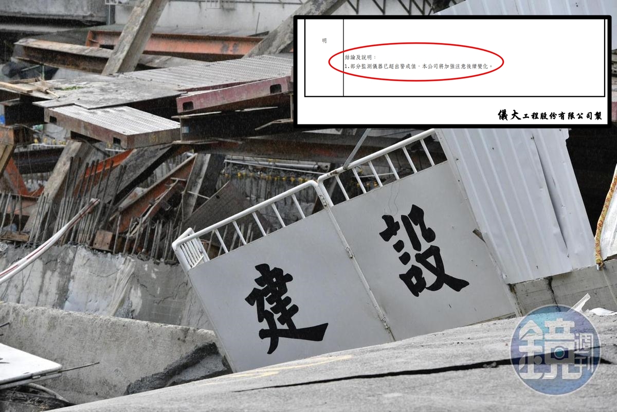 基泰大直建案造成鄰近民宅坍塌，7月26日的監測資料顯示，建案在大規模開挖前，部分監測點已超過警戒值。