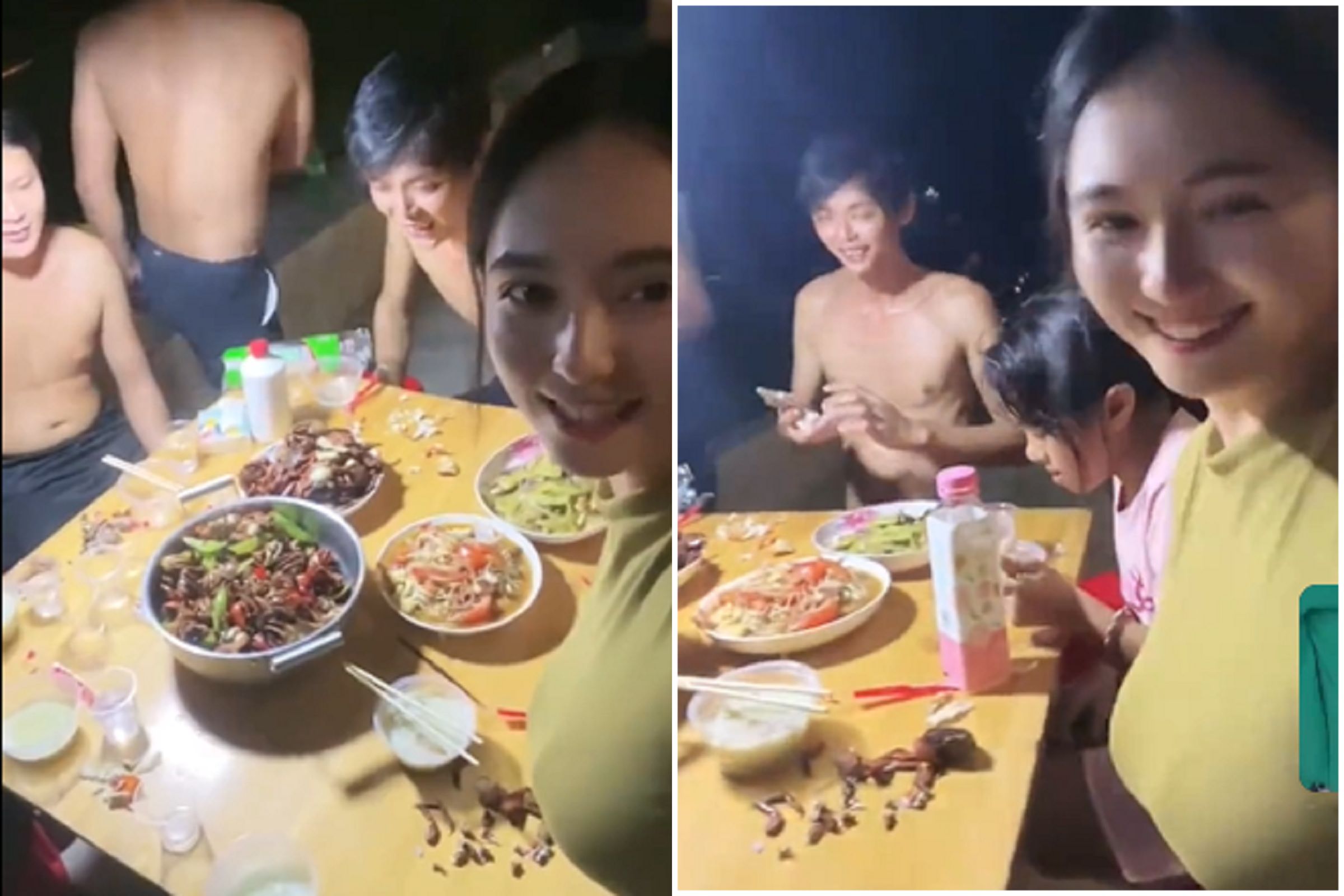 正妹被一堆兄弟包圍,螃蟹都不螃蟹了!網友之意都在「巨彈奶奶」。(翻自微博)