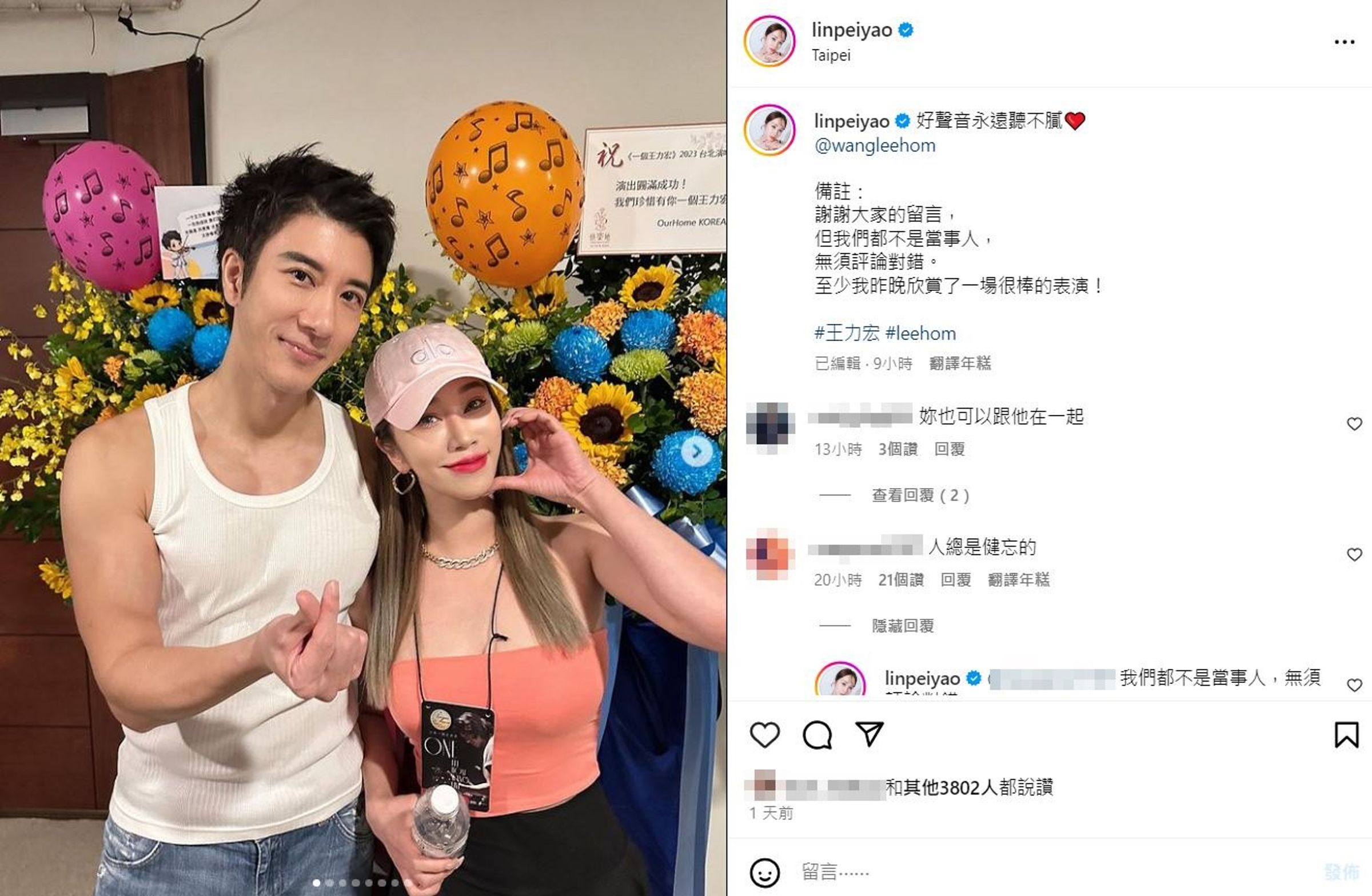 林佩瑤貼出與王力宏的合照,被網友酸「人總是健忘的」。(翻攝林佩瑤IG)