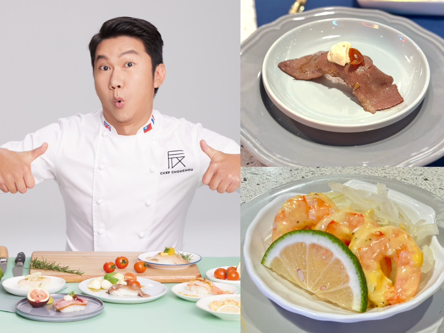 「爭鮮迴轉壽司」攜手知名主廚「阿辰師」推出聯名期間限定歐風壽司。（左，爭鮮提供）