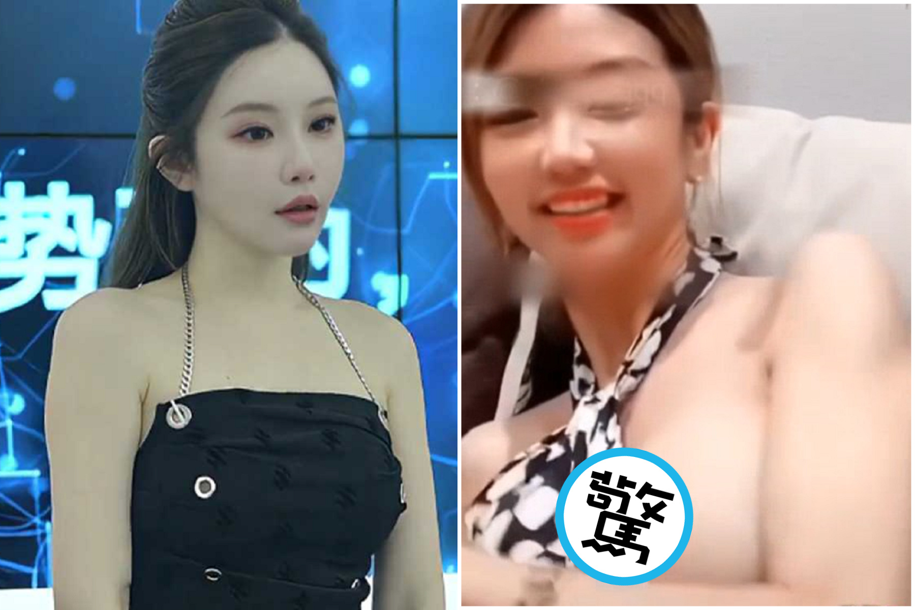 正妹直播緊抱狗狗，瞬間變老司機畫面！春光完全乍洩「彈出來」。（翻自《51吃瓜網》）