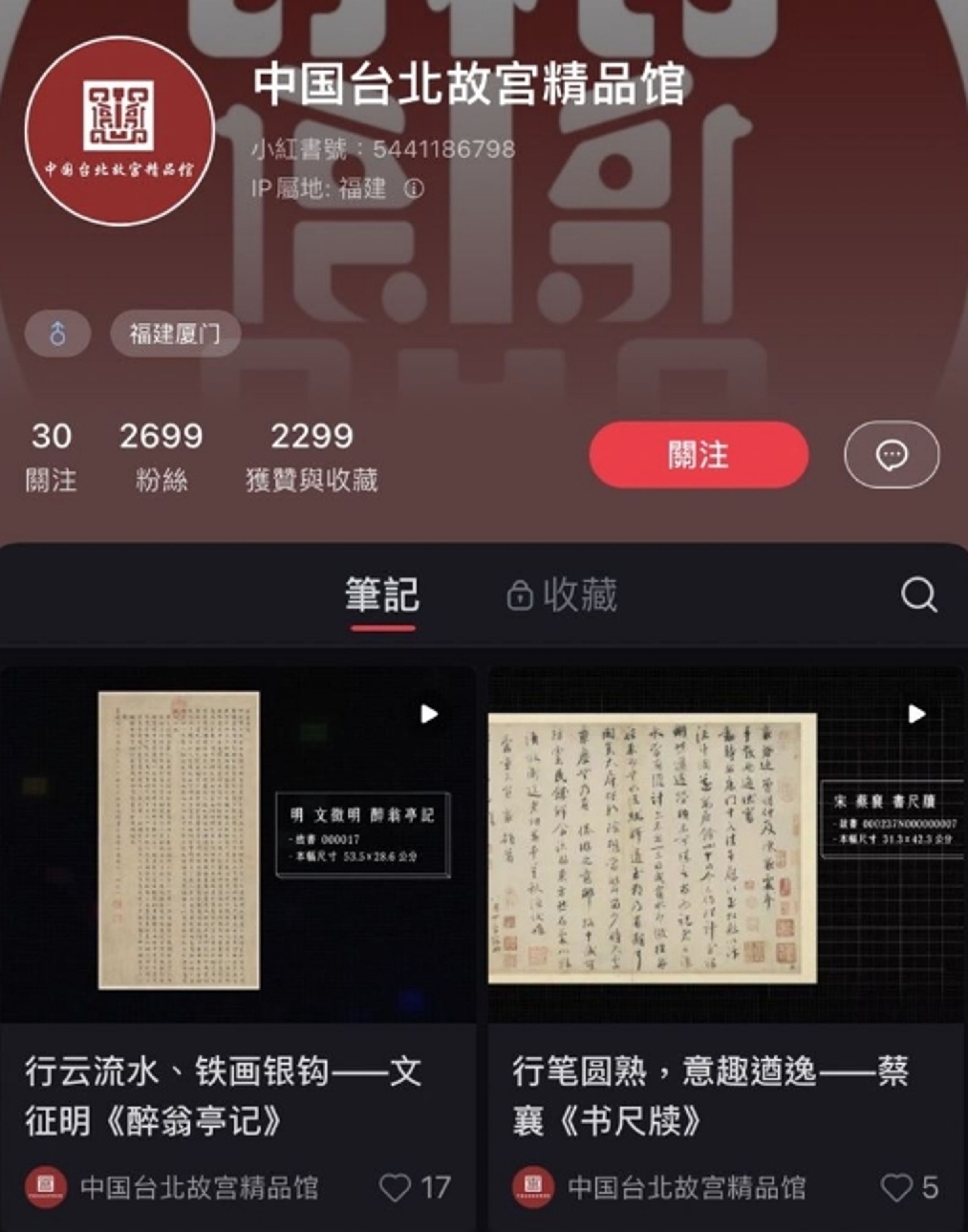 小紅書上出現假的「台北故宮文化館」及「中國台北故宮精品館」帳號。(翻攝畫面)