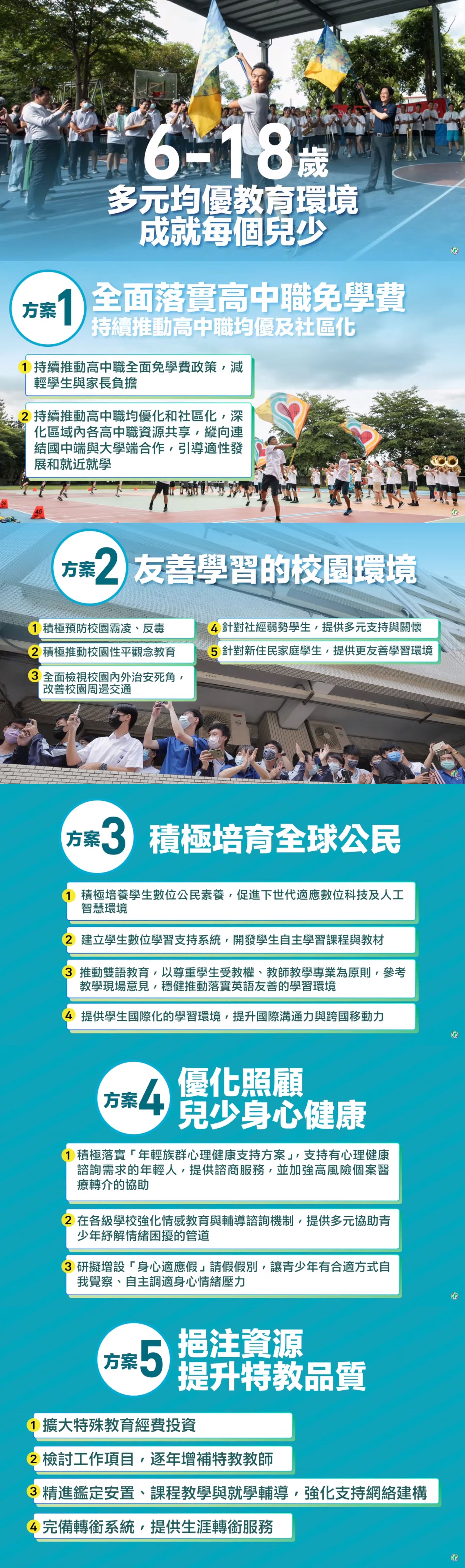 賴清德「6-18歲多元均優教育環境成就每個兒少」政見。(翻攝自民主進步黨YouTube)