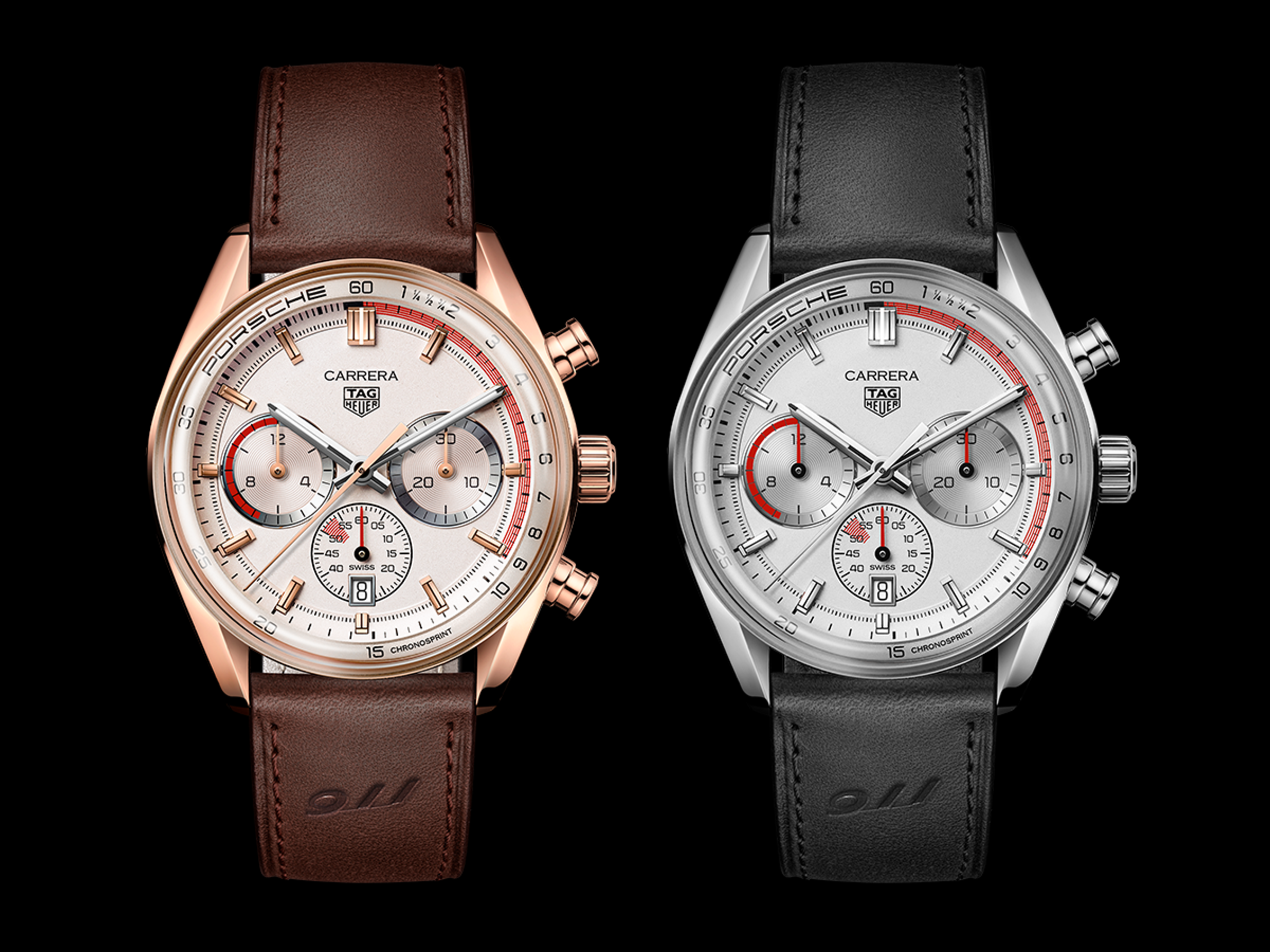 泰格豪雅 Carrera Chronosprint 保時捷聯名款，有18K玫瑰金與精鋼兩種材質。定價約NT$774,000（玫瑰金）；NT$302,900（精鋼）。