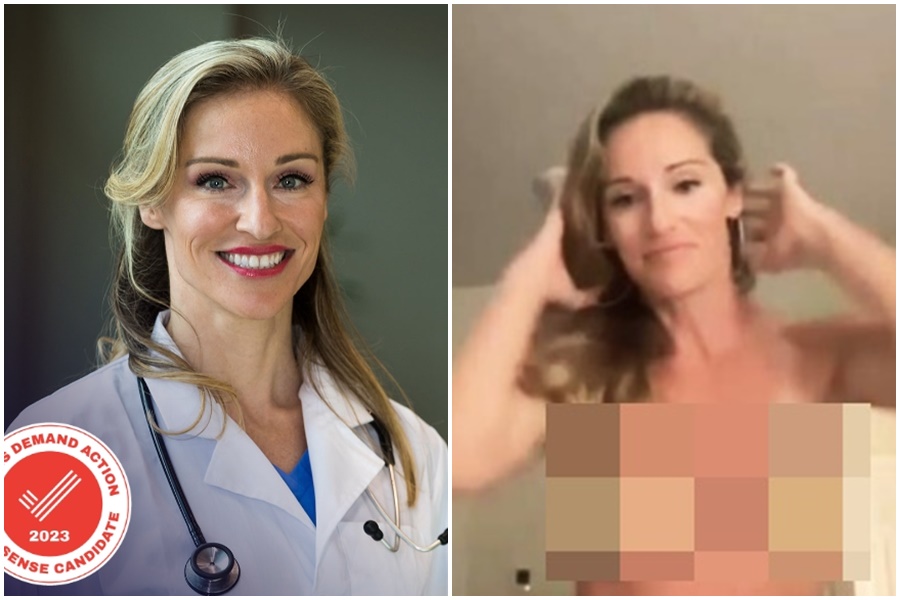 神似珍妮佛嘉納的民主黨候選人吉普森（圖），為籌措競選經費，在成人直播網站上真槍實彈與老公炒飯。（左圖翻攝自競選網站，右圖翻攝自網路）