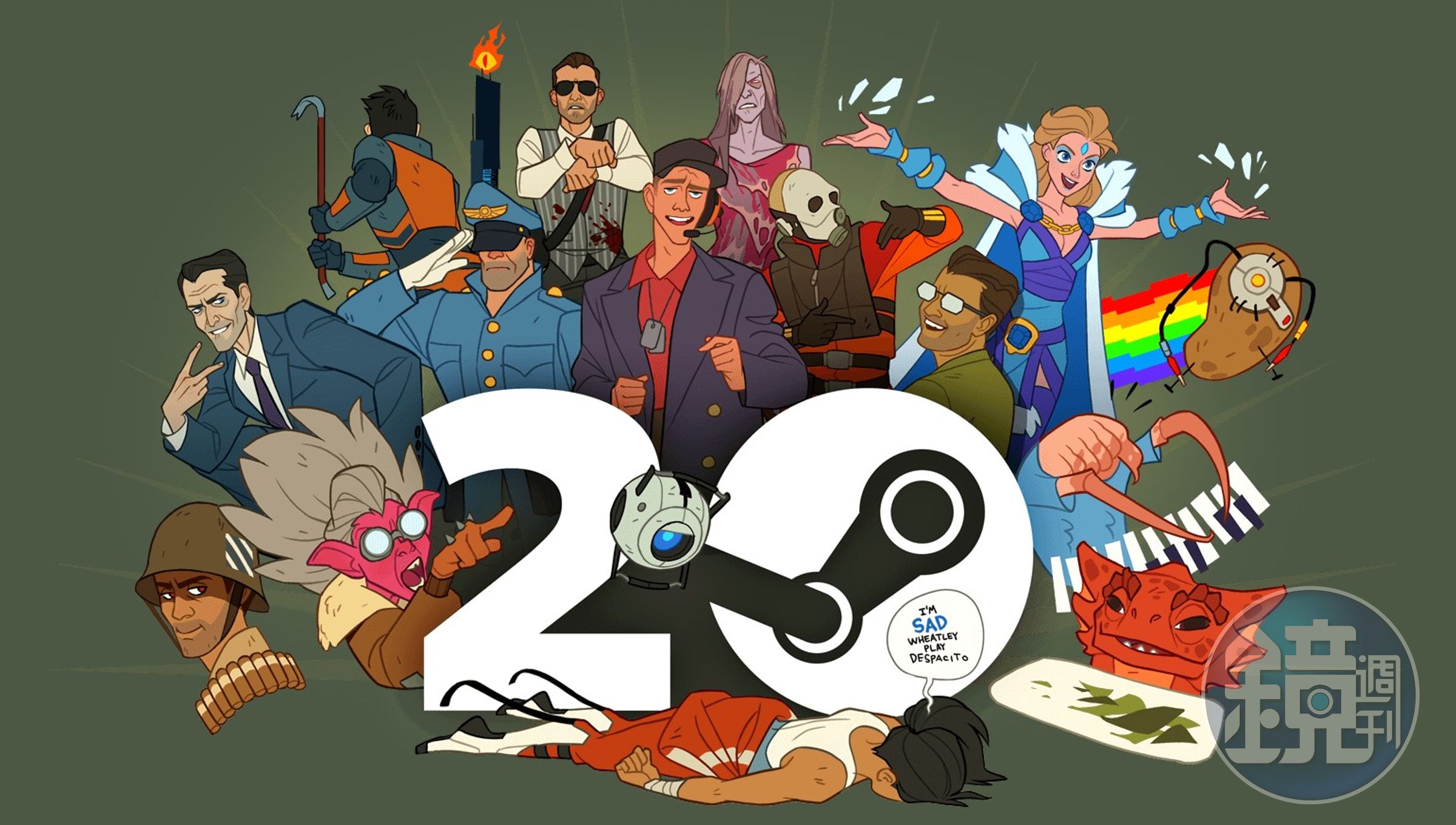 Steam 20歲生日賀圖,其中包括玩家耳熟能詳的《顫慄時空》《絕對武力》《Dota》等遊戲的經典角色。(翻攝自Steam)