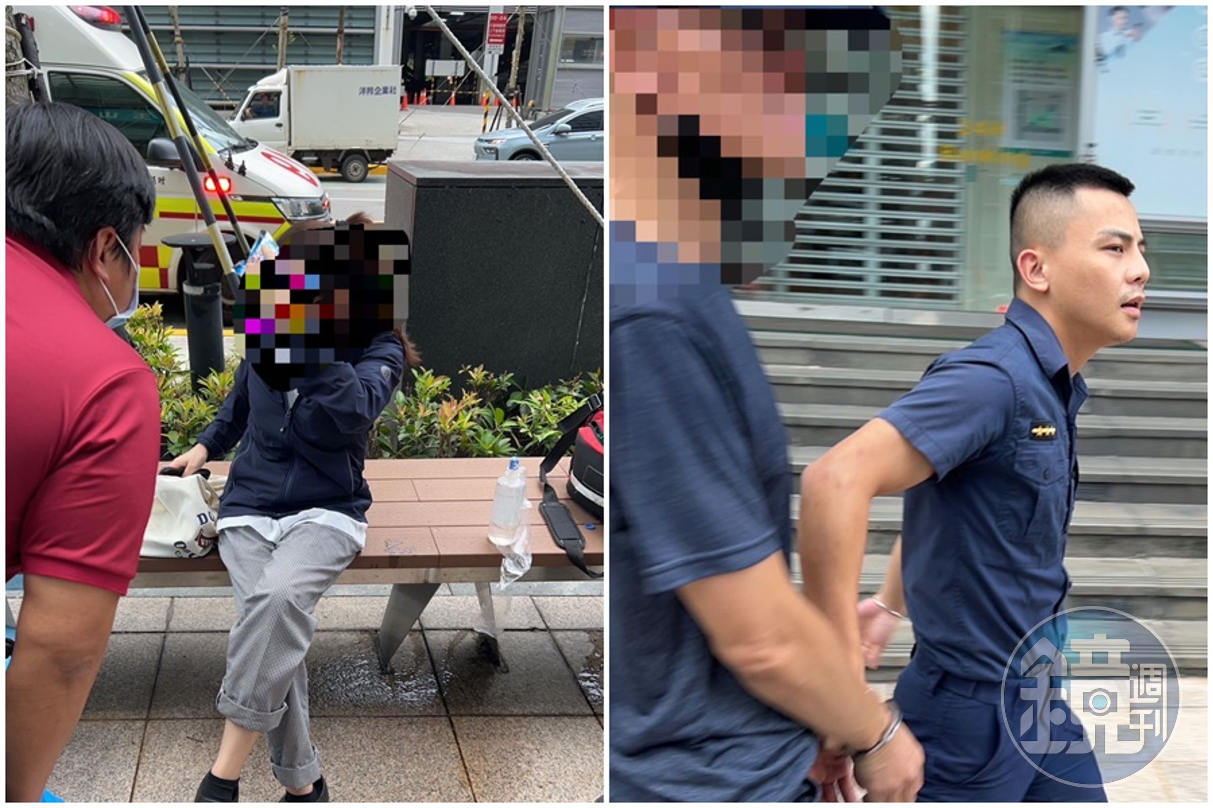 警方將涉嫌用防狼噴霧行搶的鄭男（右）捕到案，范女因臉、眼遭防狼噴霧噴灑感覺不適，但無大礙。（翻攝畫面）