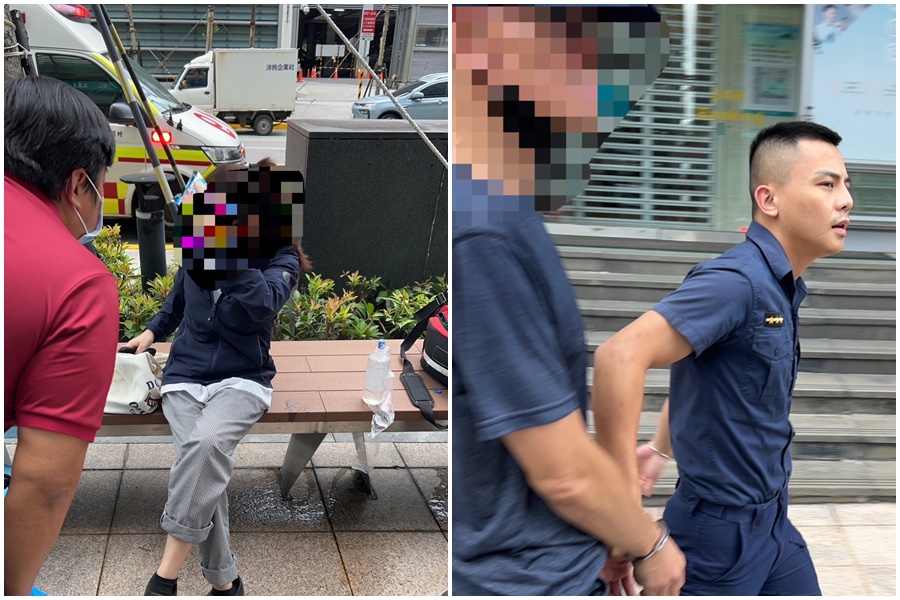 警方將涉嫌用防狼噴霧行搶的鄭男（右）捕到案，范女因臉、眼遭防狼噴霧噴灑感覺不適，但無大礙。（翻攝畫面）