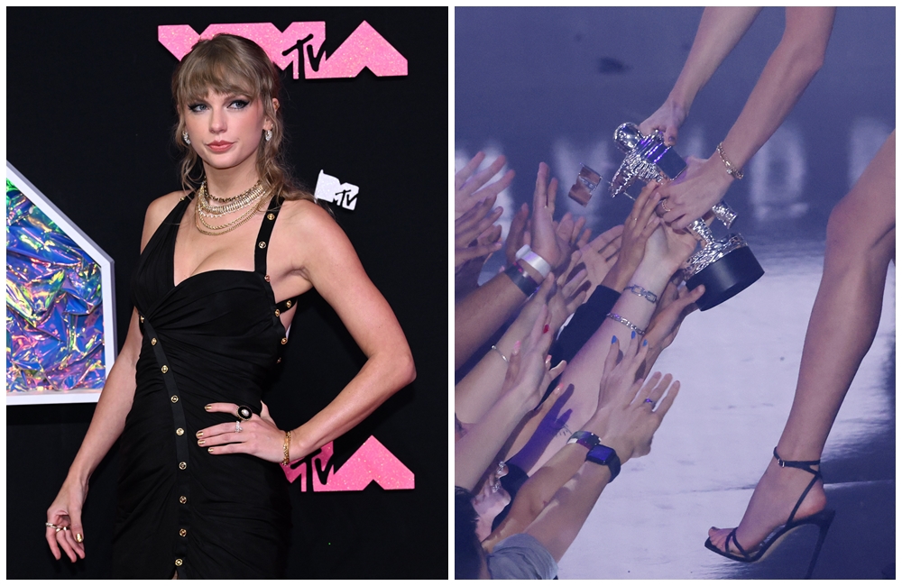 （左圖）泰勒絲出席MTV音樂獎的紅毯時，還可以看到左手戴著那枚戒指；等到（右圖）泰勒絲領取「年度音樂錄影帶」大獎，跟台下觀眾打招呼時，可以發現已經沒有戴戒指了。（東方IC）