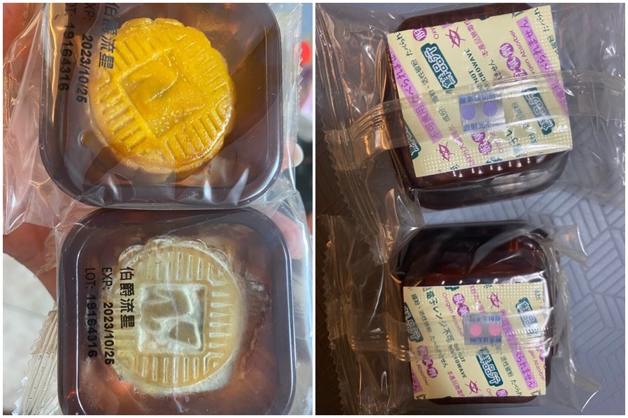 館長電商推出的月餅未達效期卻嚴重發霉，買家提醒，若包裝內的「酸素檢知劑」從粉紅變成紫色，代表產品已經變質。（翻攝自噗浪）