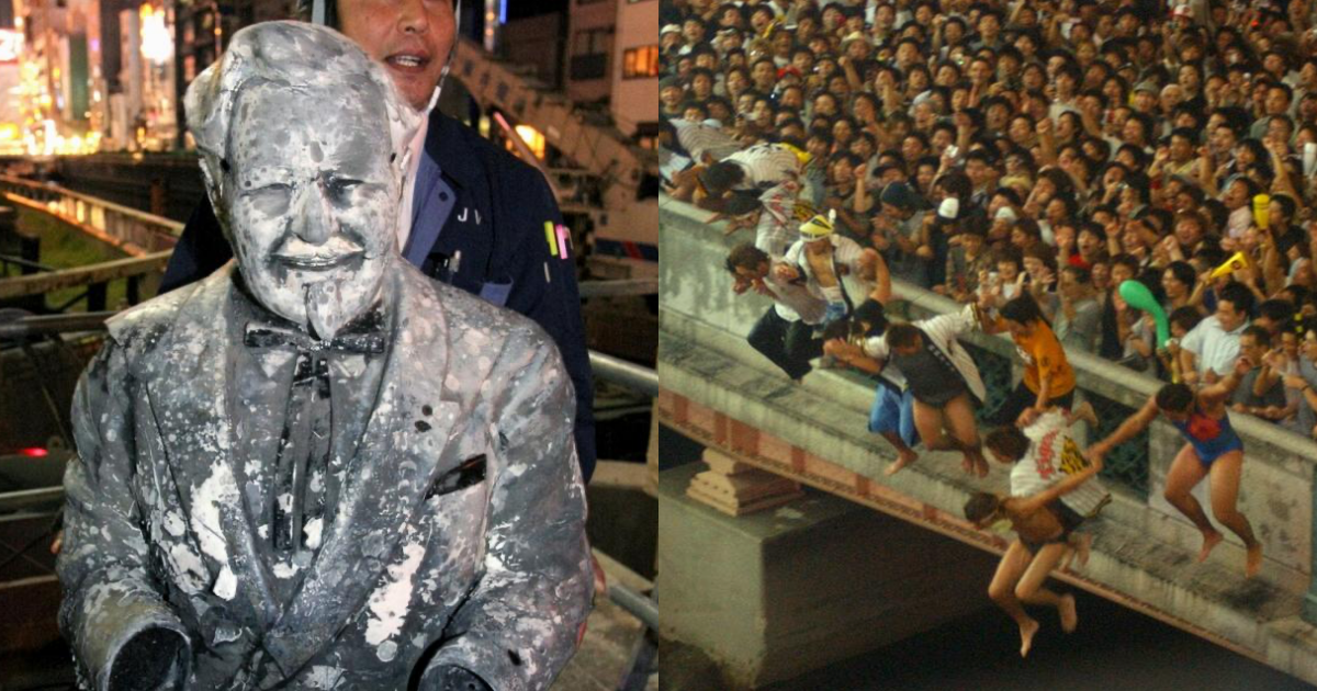 1985年阪神虎封王，肯德基爺爺被暴動的虎迷丟進河裡，24年後才被打撈出來。右圖為2003年虎迷跳河慶祝。（翻攝自推特@kimuisa、daily）