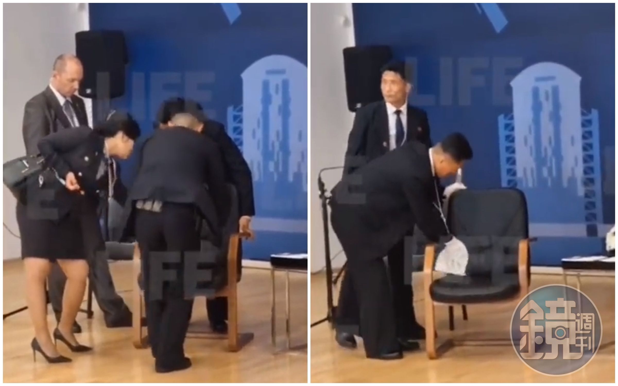 北韓領導人金正恩13日與俄羅斯總統普丁碰面,會前有隨扈正瘋狂擦拭、測試金等等要坐的座椅。(翻攝自X社群平台@Gerashchenko_en)