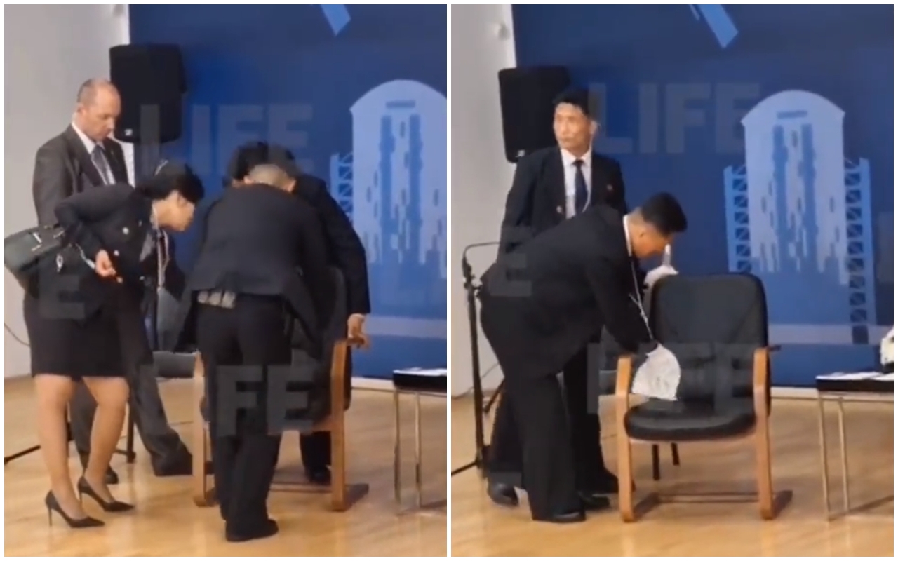 北韓領導人金正恩13日與俄羅斯總統普丁碰面,會前有隨扈正瘋狂擦拭、測試金等等要坐的座椅。(翻攝自X社群平台@Gerashchenko_en)