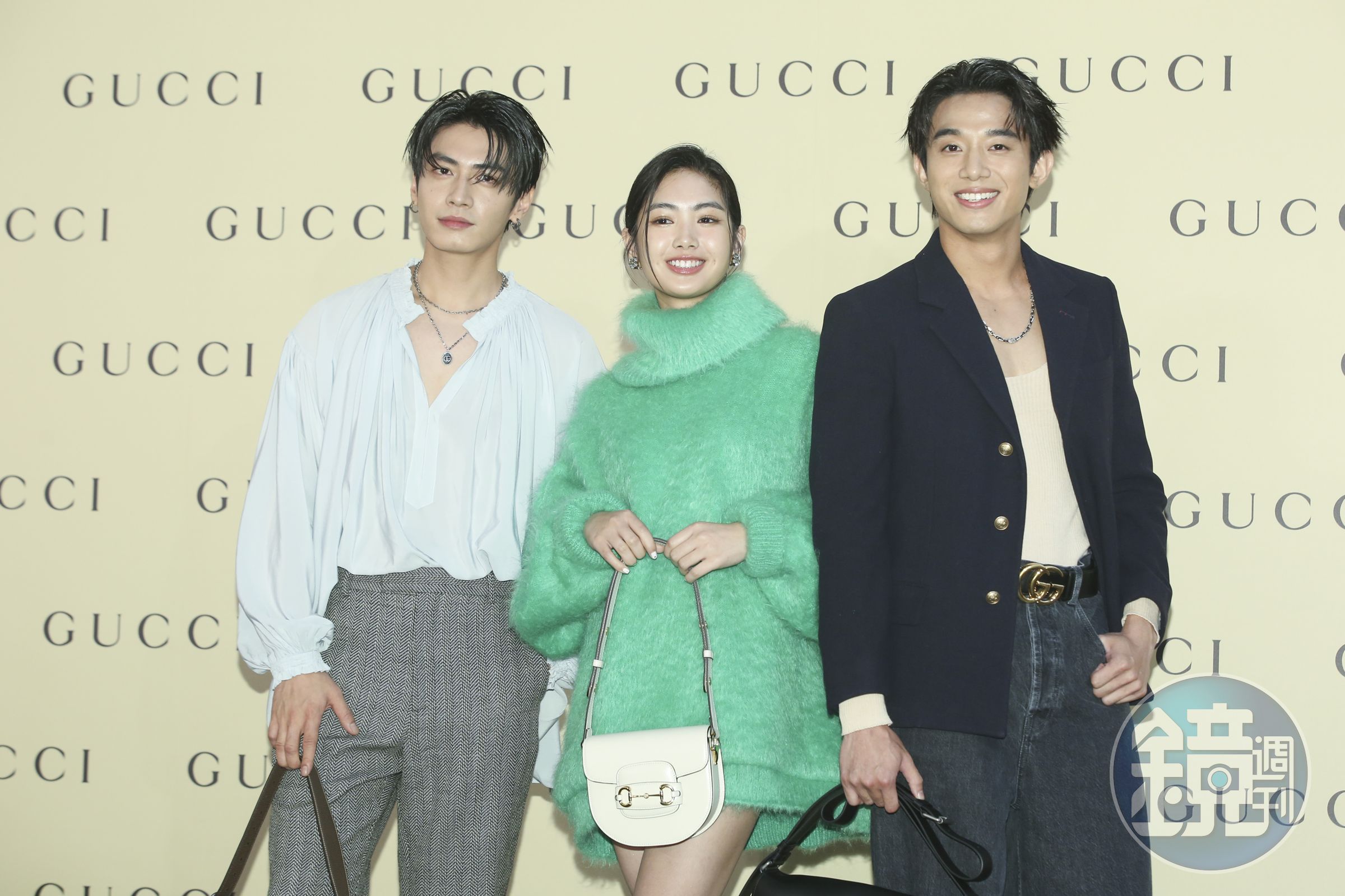 宋柏緯（左起）、何思靜與初孟軒出席GUCCI旗艦店開幕活動。
