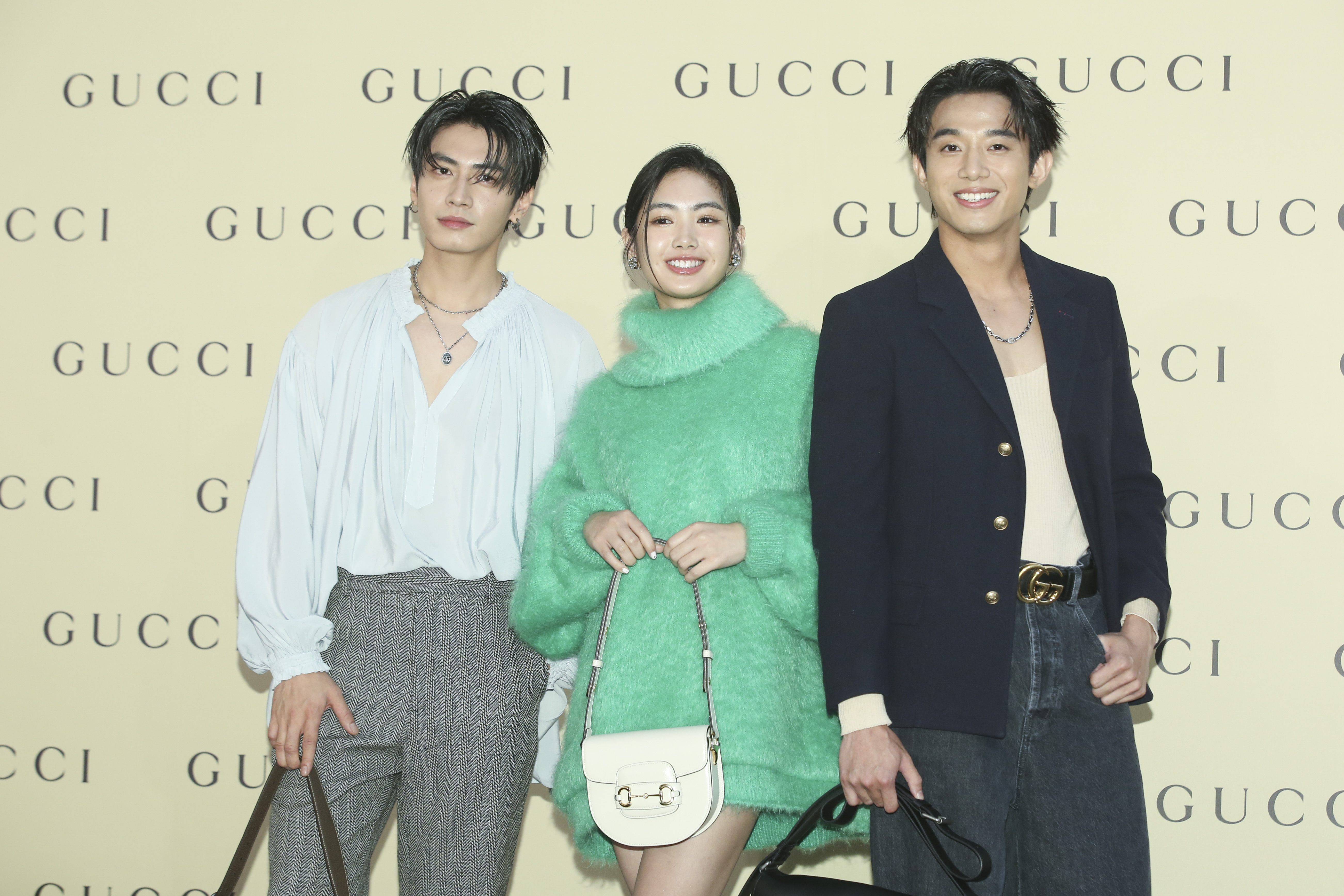 宋柏緯（左起）、何思靜與初孟軒出席GUCCI旗艦店開幕活動。
