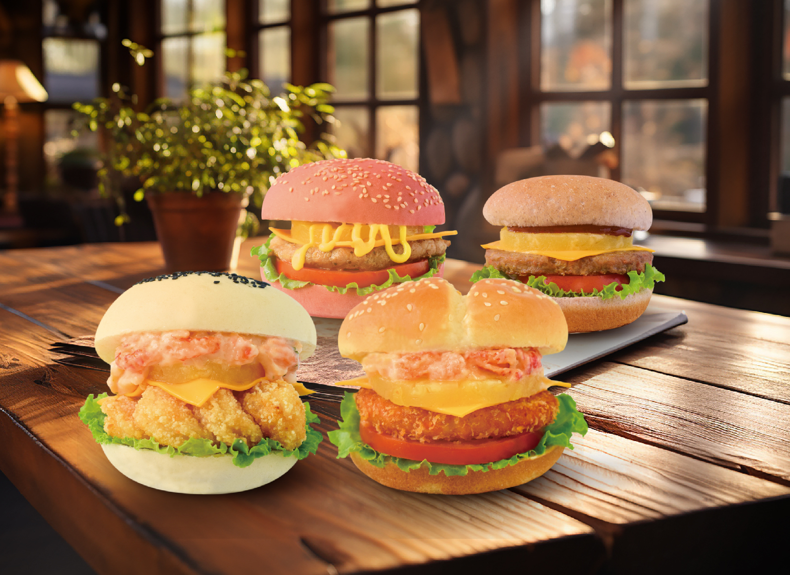 番茄村4組總統堡新產品，會以「紫米漢堡」「白漢堡」「粉紅堡」及「經典漢堡」不同顏色麵包做出區隔。（蕃茄村提供）