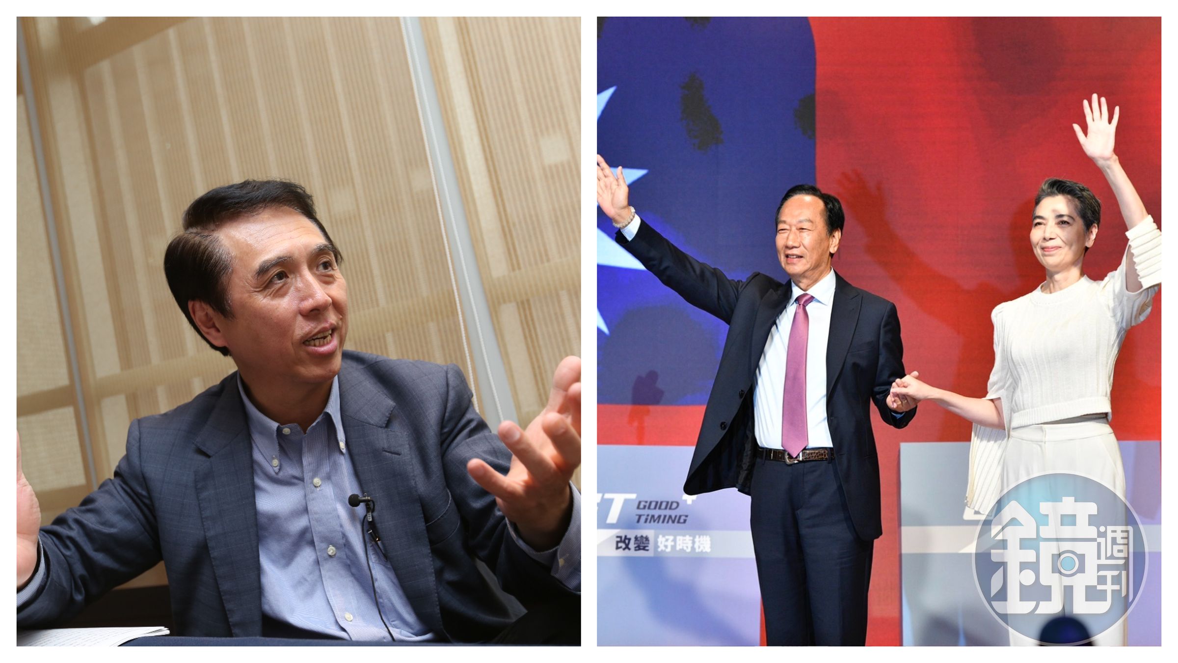 無黨籍參選人郭台銘(右圖左)昨宣布副手人選為資深藝人賴佩霞(右圖右),陳學聖(左圖)質疑賴佩霞「洗學歷」。