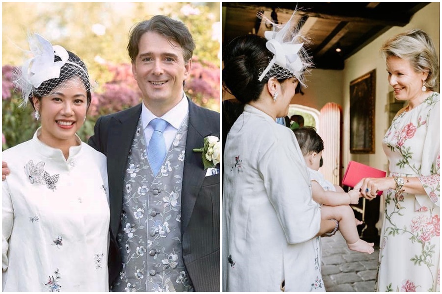 新光公主吳欣盈上週末於比利時完成補婚，出生剛滿7個月的寶寶抓著比利時王后瑪蒂爾德的手指不放。（翻攝自立法委員吳欣盈臉書）