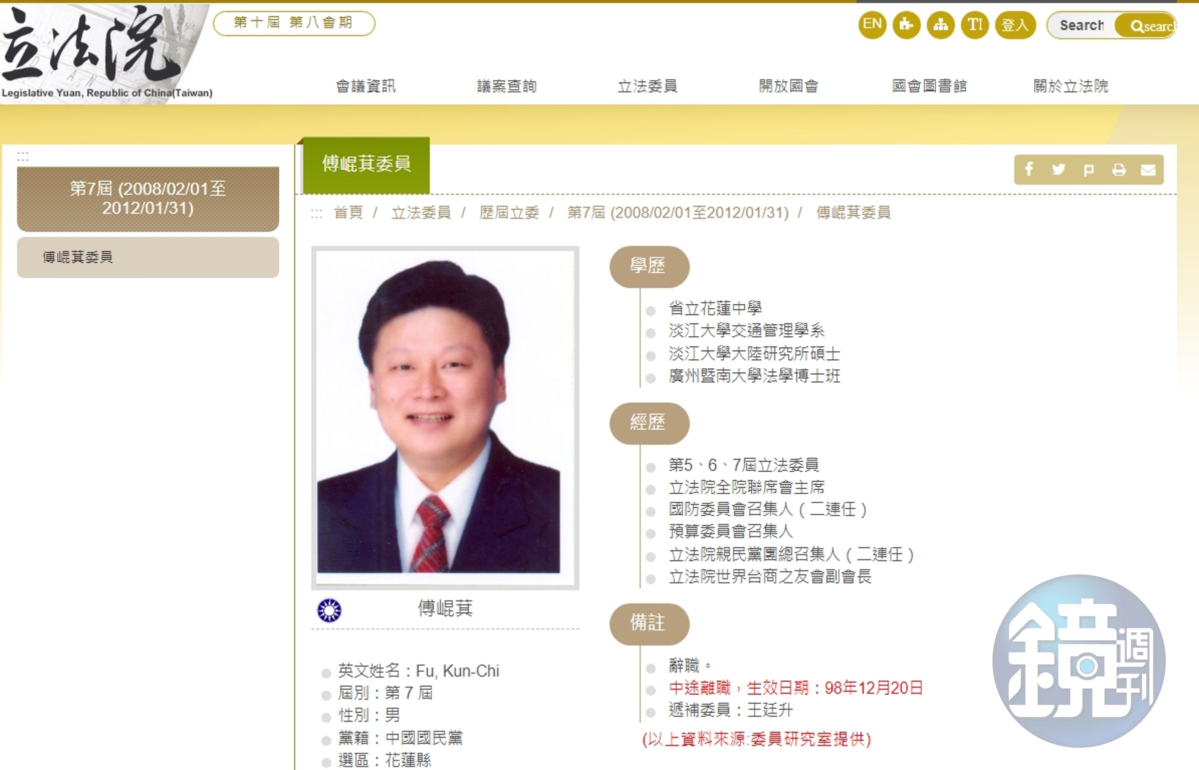 傅崐萁任第7屆立委的學歷欄上寫著廣州暨南大學法學博士班。（翻攝自立法院網站）