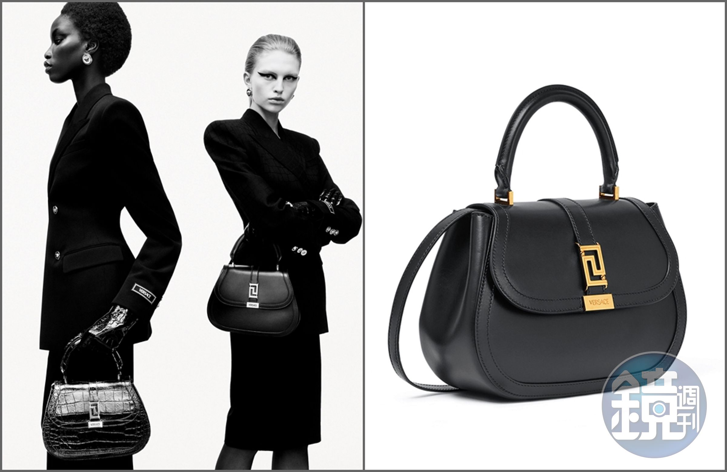 VERSACE Greca Goddess Top Handle手提包有兩種皮質可選擇，並以全黑的面貌帶來無法忽視的魅力。Greca Goddess Top Handle手提包（右圖） NT$90,500。（VERSACE提供）