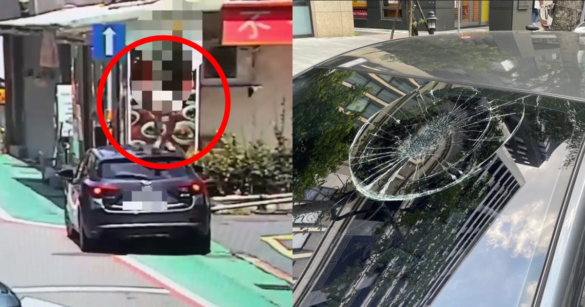 行人不滿轎車違停人行道，直接踩上去通行。（翻攝畫面）