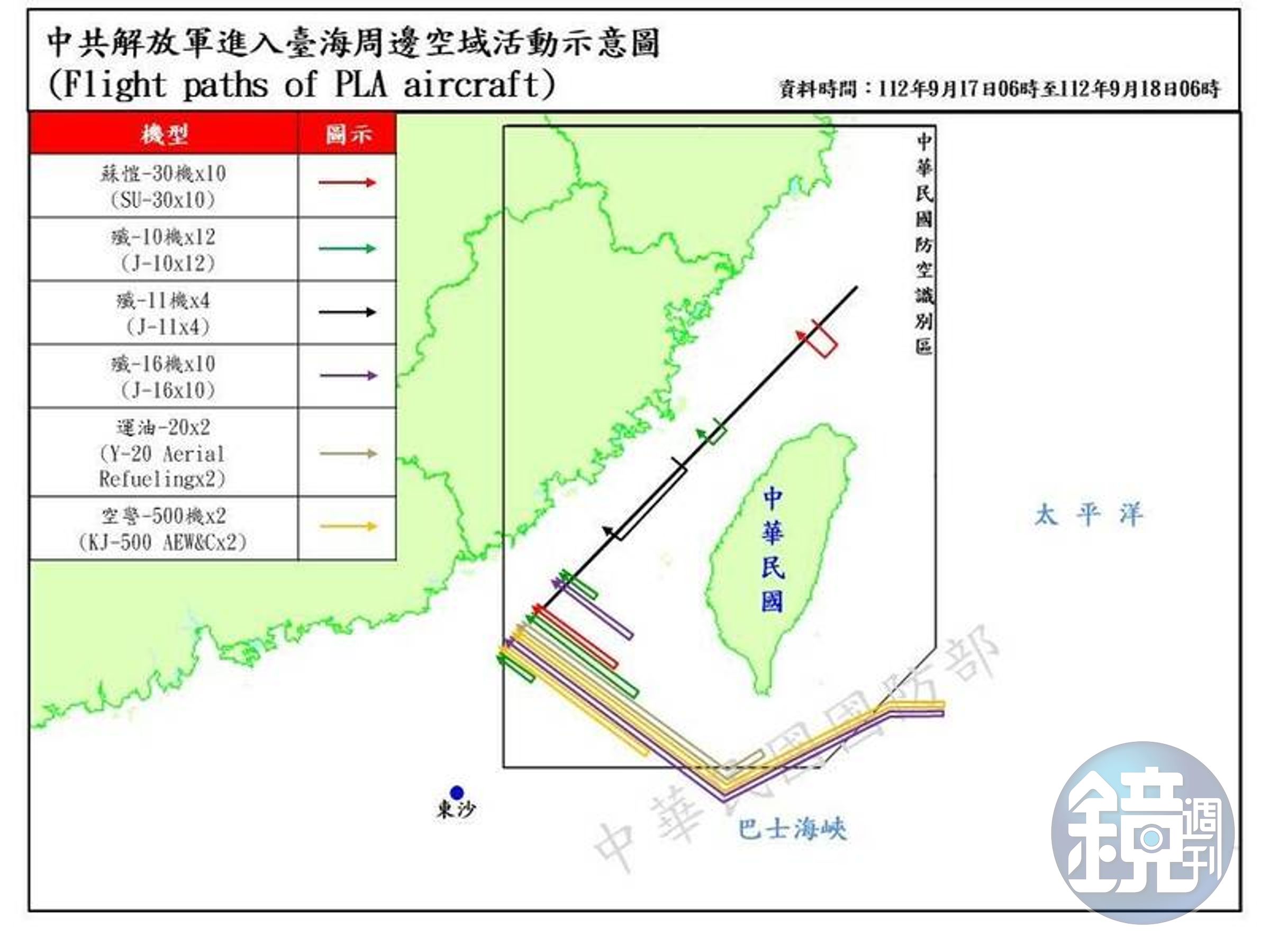 國防部表示，自9月17至18日晨間，計偵獲共機103架次出海活動，為近期新高。（國防部提供）