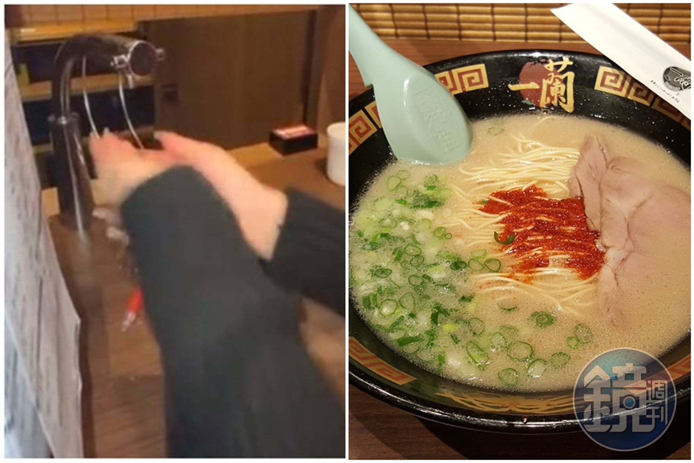 一名女子到「一蘭拉麵」用餐,入座後竟直接打開桌上的生飲水水龍頭洗手,接著還把水往地上掃。(翻攝自Dcard、本刊資料照)