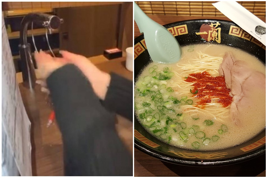 一名女子到「一蘭拉麵」用餐，入座後竟直接打開桌上的生飲水水龍頭洗手，接著還把水往地上掃。（翻攝自Dcard、本刊資料照）