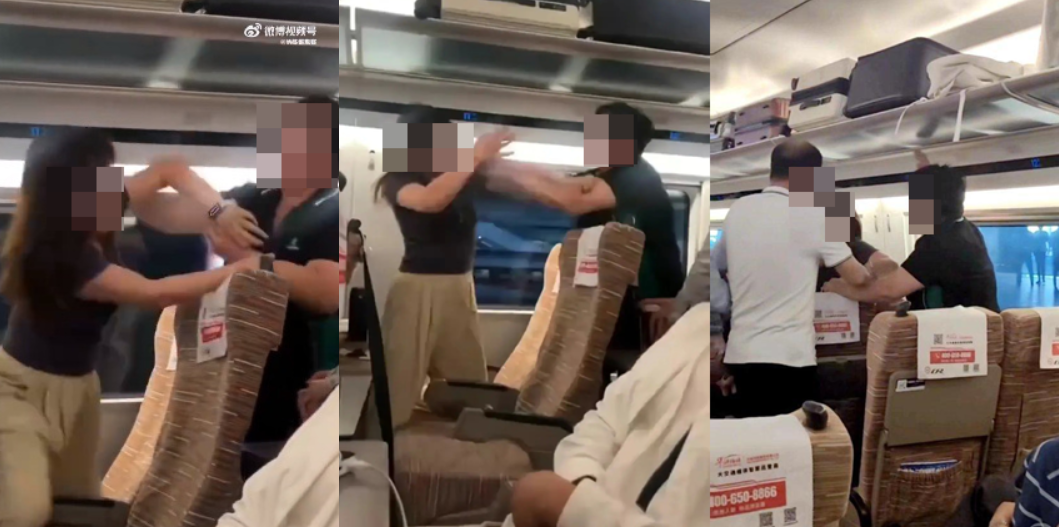 李女搭乘高鐵時因為拒絕換位置，竟被一家三口圍毆、拉扯頭髮。（翻攝微博）