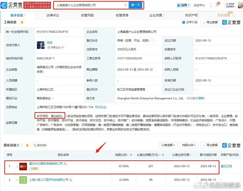 網友貼出「上海美是什麼企業管理有限公司」註冊資訊。（翻攝微博）