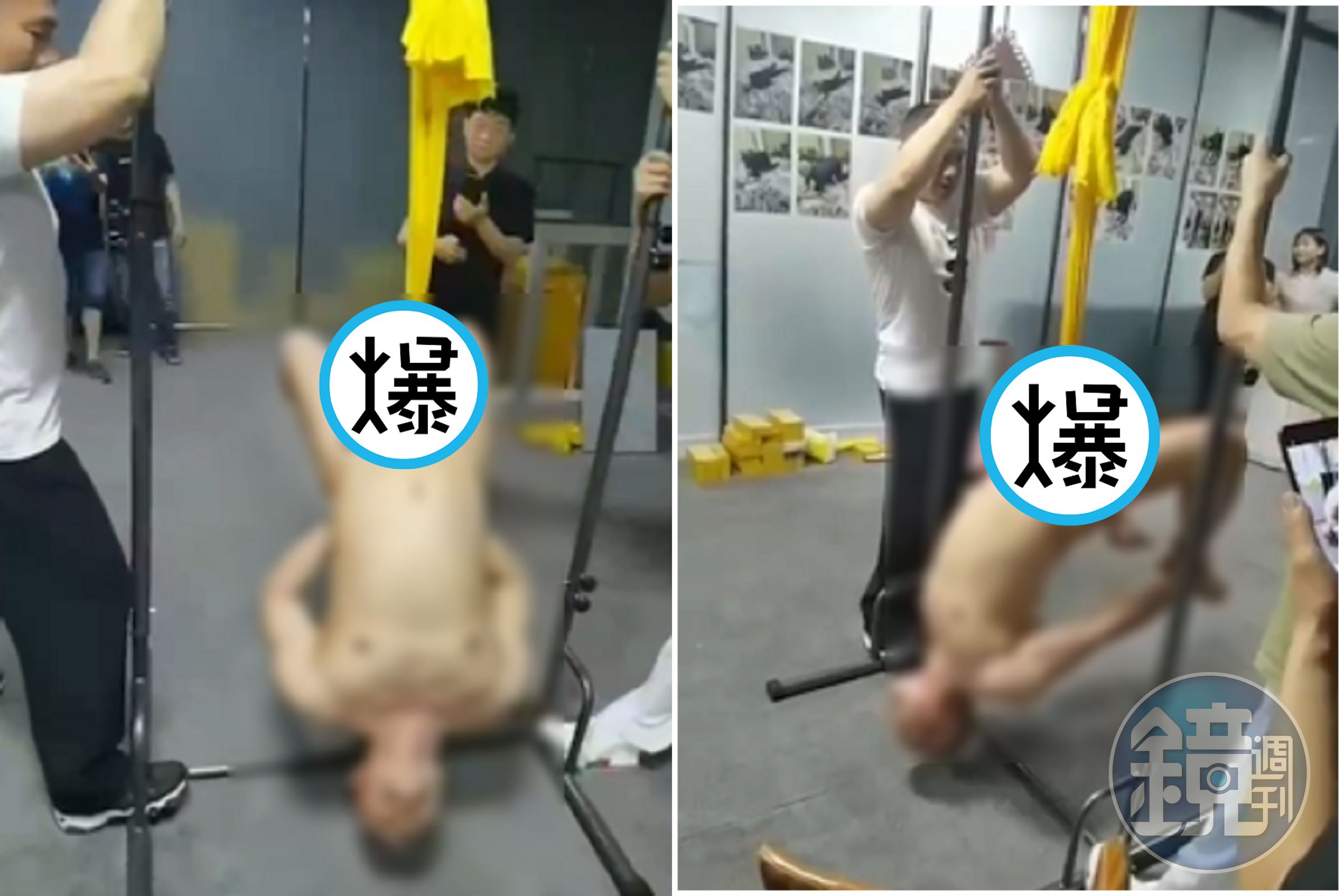 一根「金槍」吊掛全身展九九神功，男女興奮圍觀網驚喊：我下體一縮。（翻自《黑料網》）