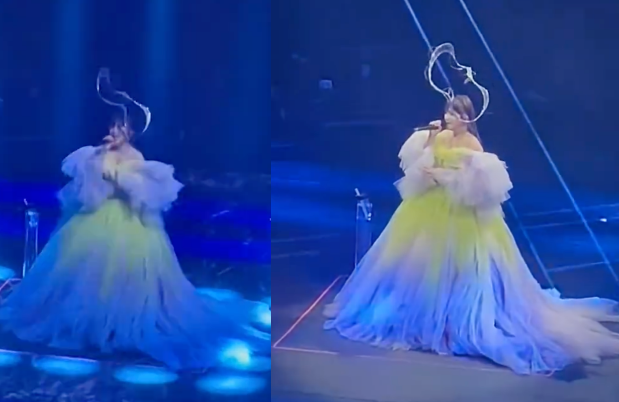 梁靜茹在哈爾濱場演唱會演唱〈燕尾蝶〉發生高音上不去，破音狀況，讓粉絲擔心她的喉嚨狀態。（網路圖片）