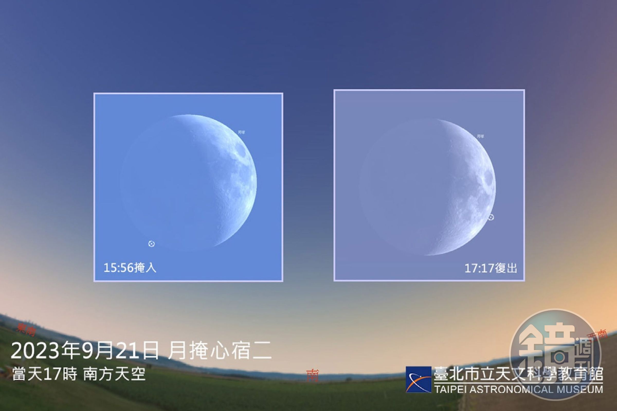 天蠍座主星心宿二於21日下午4時許將被月亮遮蔽又復出。（北市天文館提供）