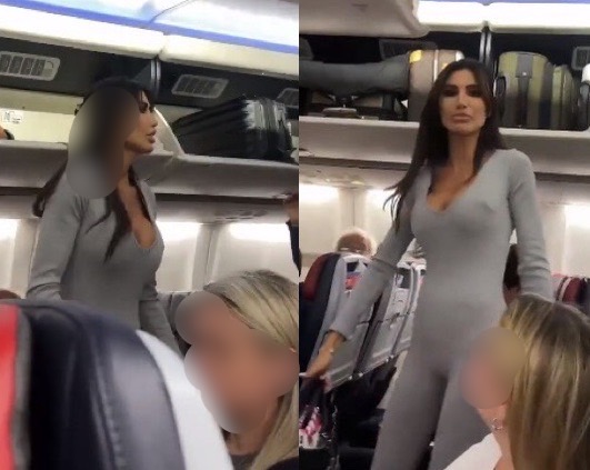 一名穿著灰色緊身衣的女子，在飛機上疑似與人起爭執，身分也隨之被起底。（翻攝自X）