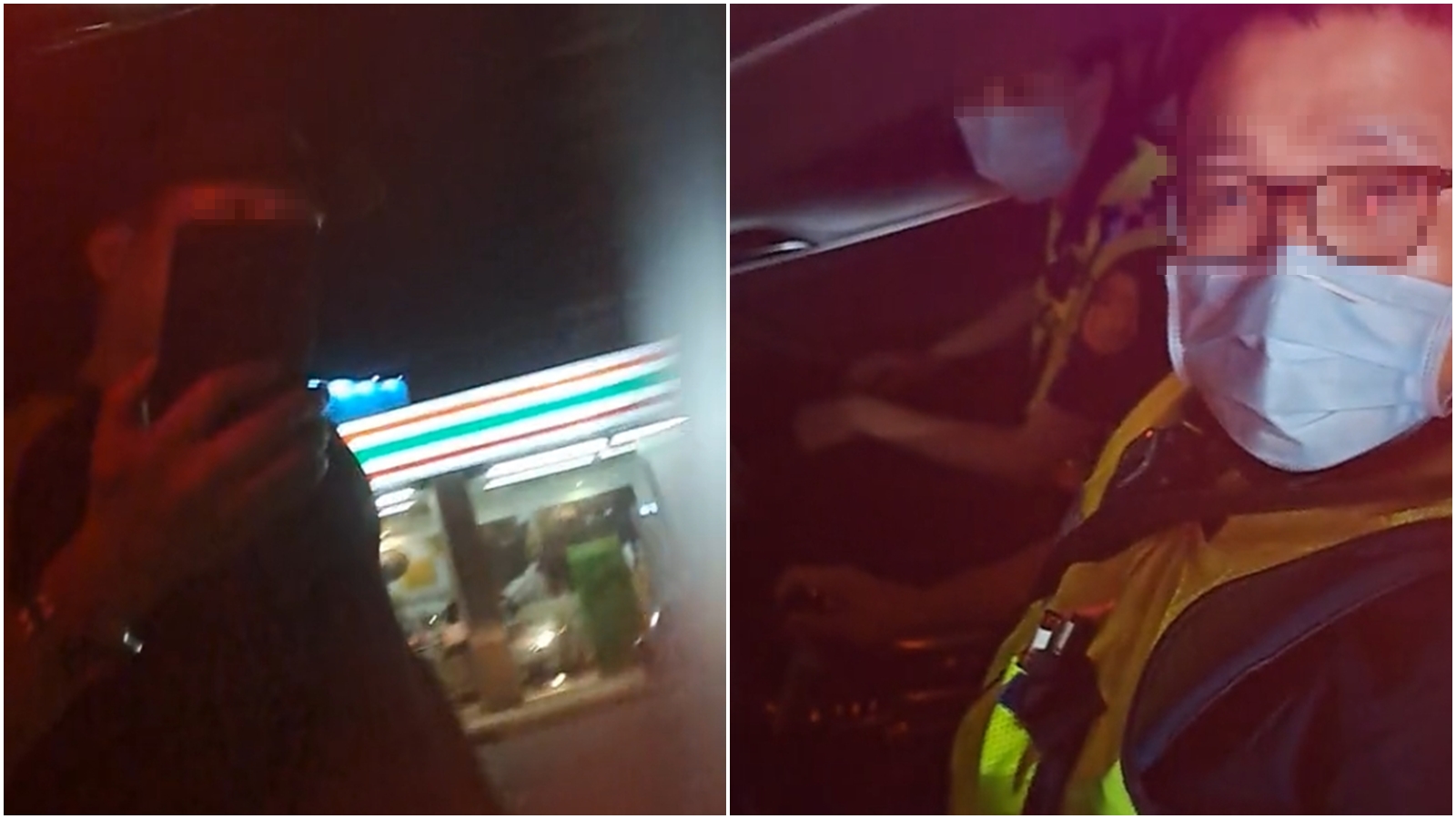 蕭姓退休員警（左圖）指國道警開巡邏車到平面道路上的超商購餐，並與員警爆發口角。（翻攝自TikTok@瀟湘公子）