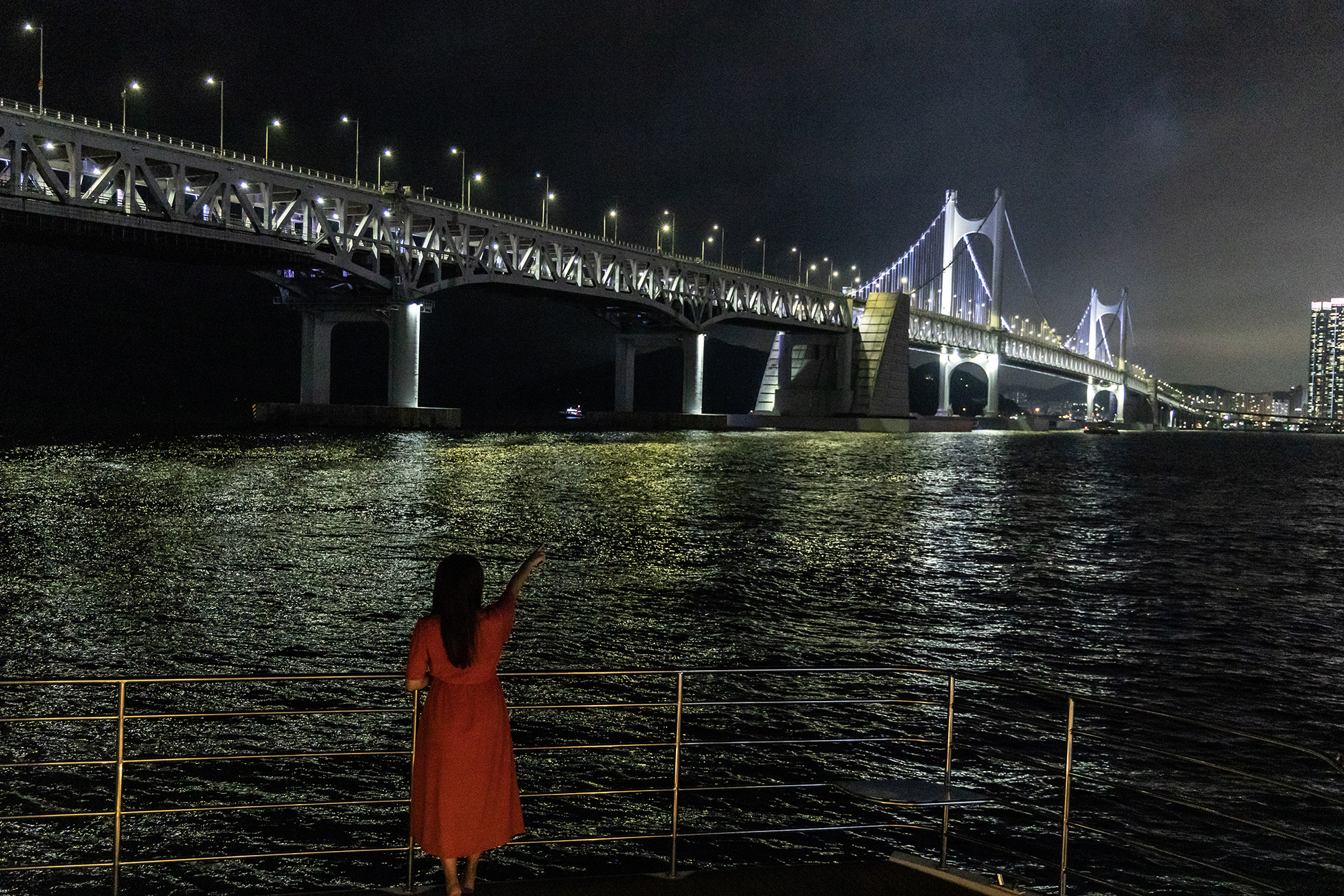 從船上仰望廣安大橋，更凸顯橋梁的壯闊與高聳。   