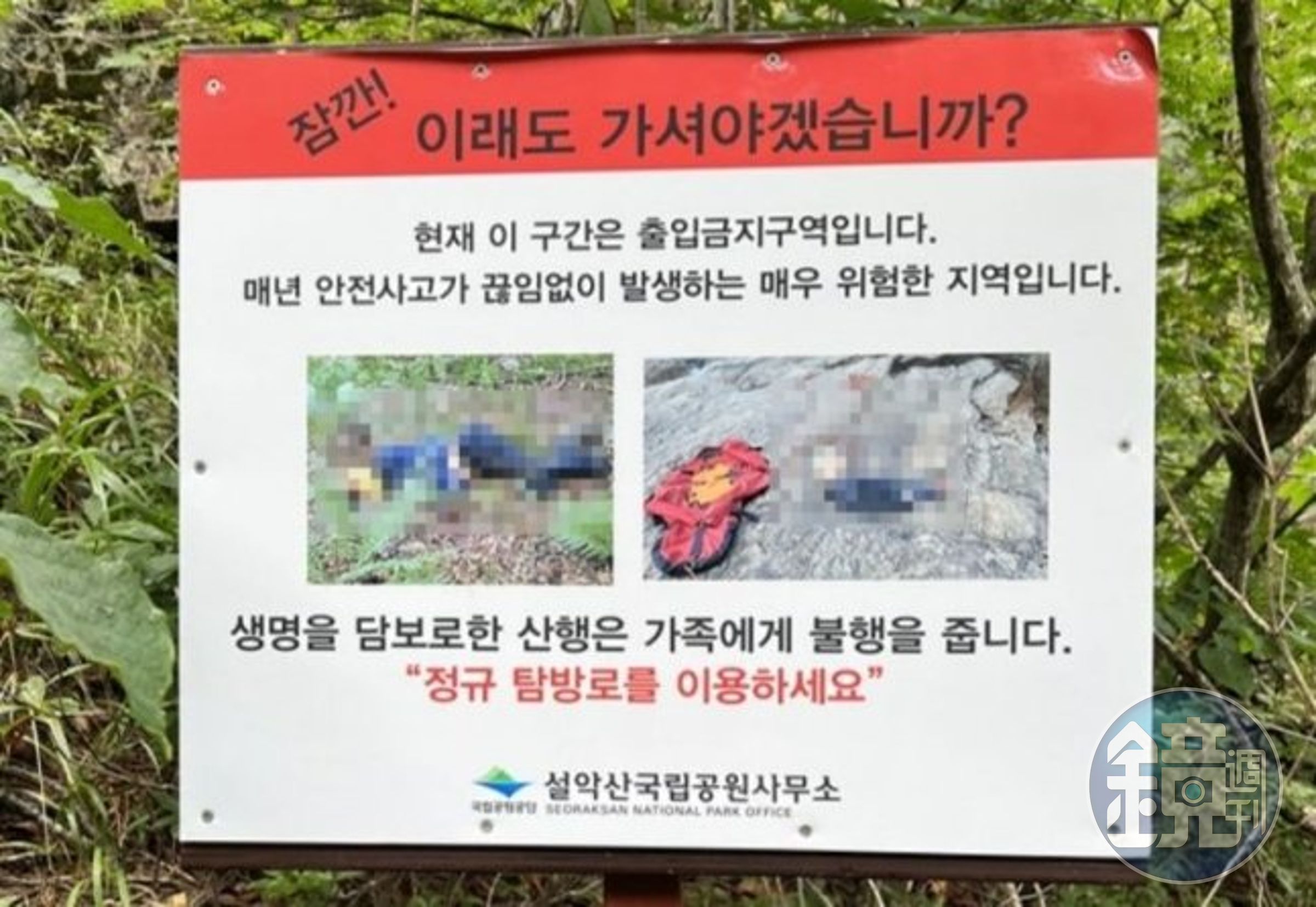 南韓雪嶽山國立公園因為一塊放上2張屍體照的告示牌引發爭議。(翻攝自Naver)